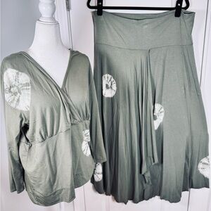 Soft Surroundings Tall XL Boho Artwear Wrap Midi Skirt Set Green Made USA